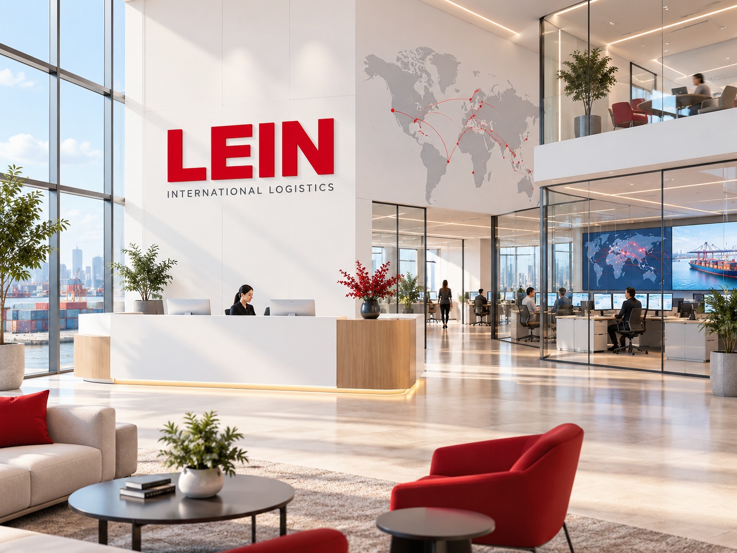 Illustrative LEIN-branded logistics operations center with a bright red and white interior