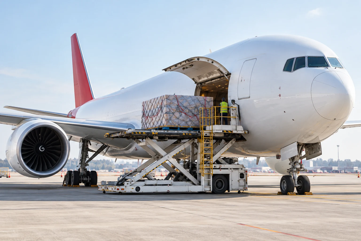Cargo aircraft with a freight pallet being loaded at an airport