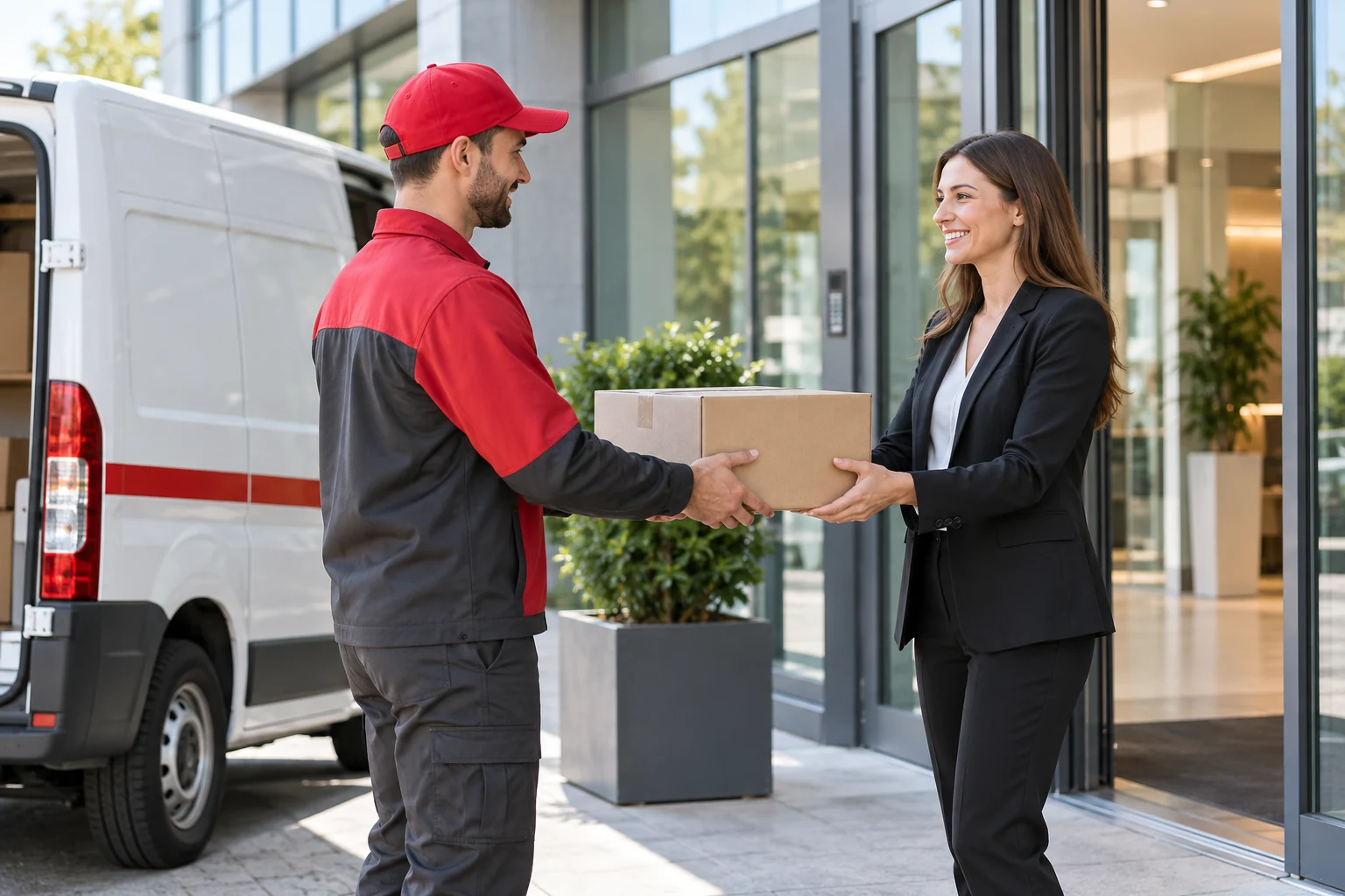Courier delivering a parcel to a business recipient beside a delivery van