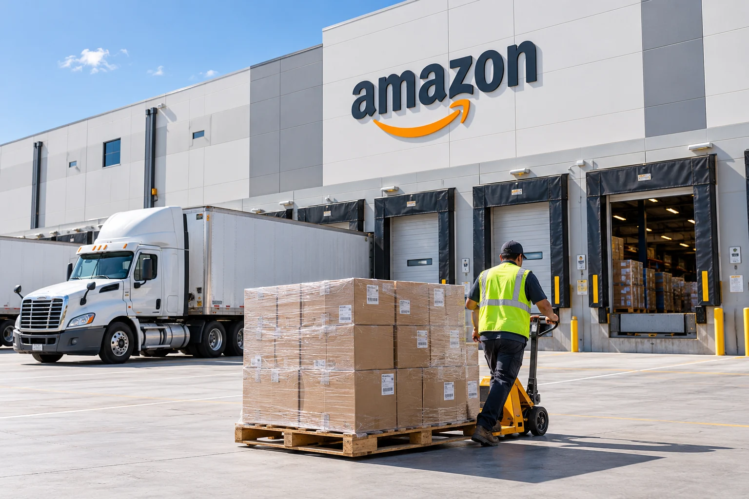 Illustrative Amazon fulfillment center receiving palletized cargo