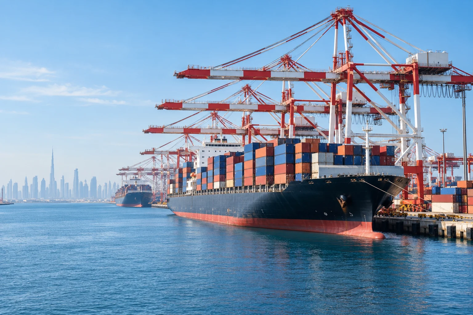 Illustrative container port scene representing freight shipping to the UAE and Middle East