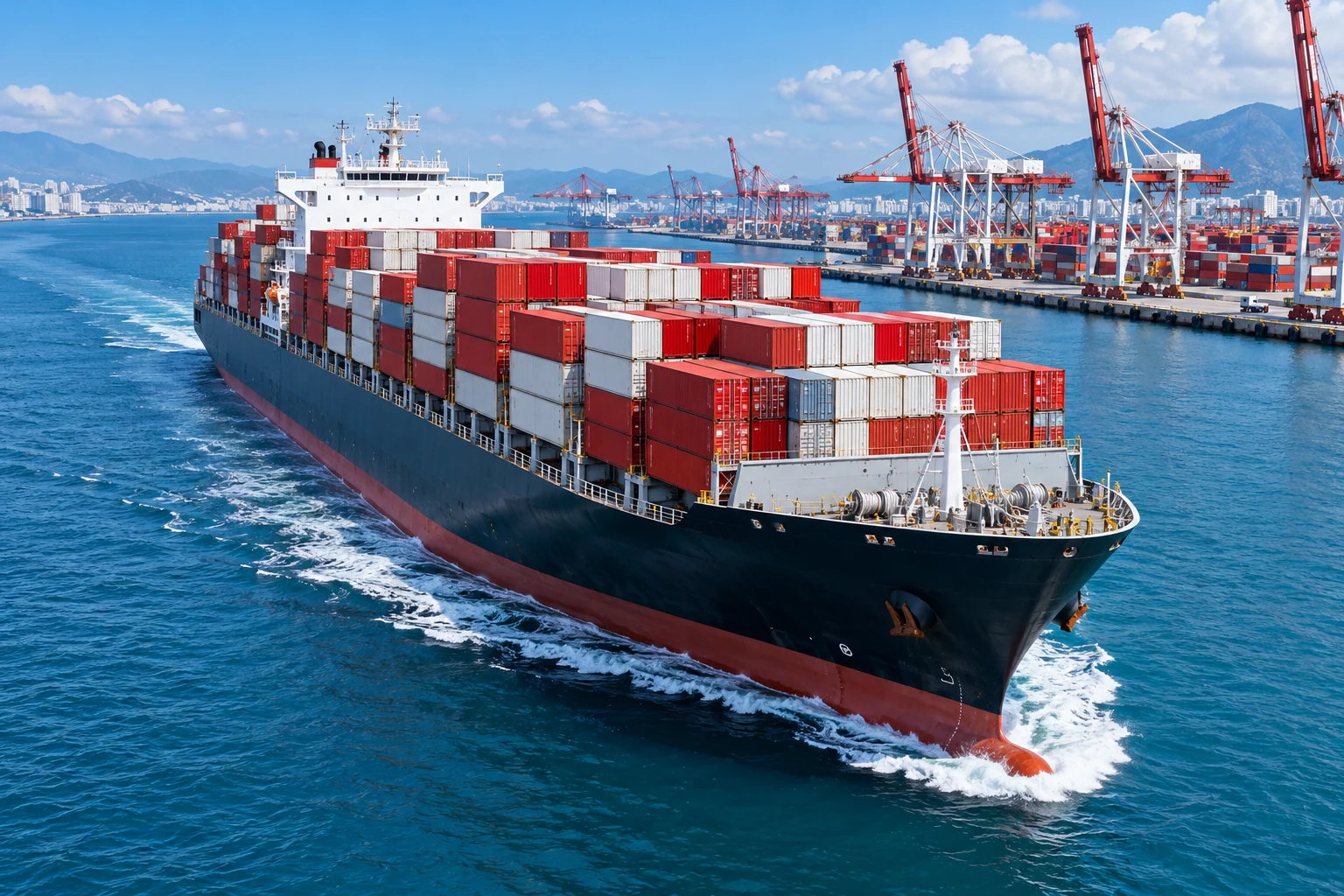 Container ship carrying cargo beside an international port