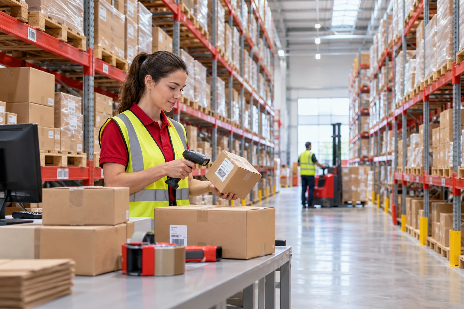 Warehouse associate scanning a parcel beside organized storage racks
