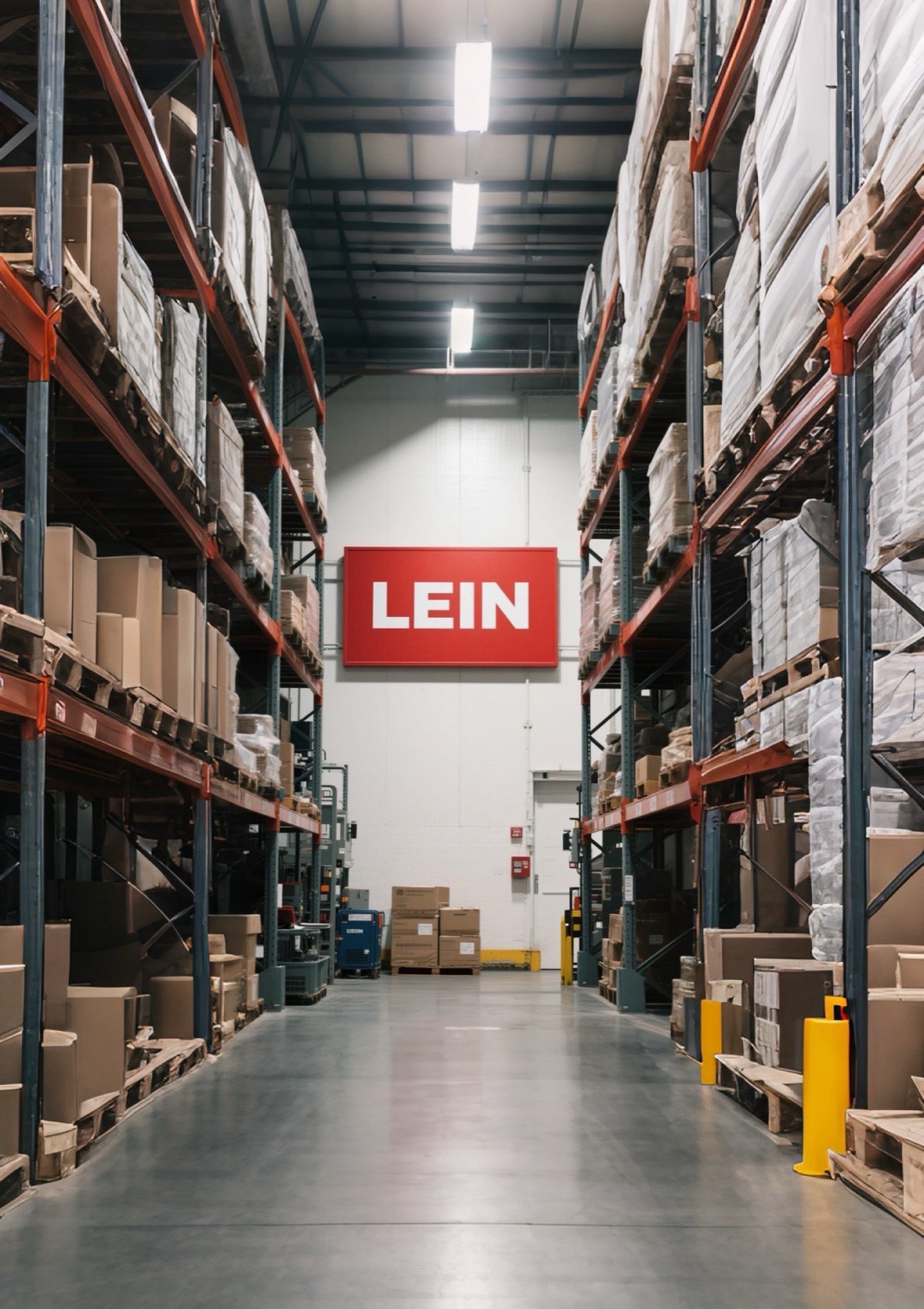 LEIN warehouse aisle with pallet racking and branded signage